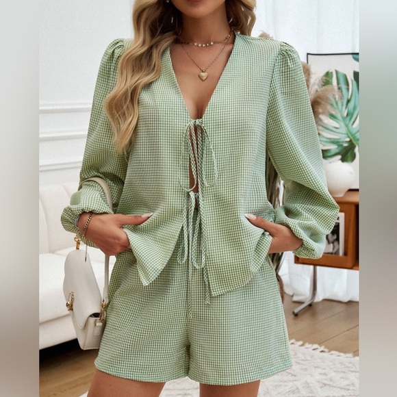 Tie front long sleeve lounge set light blue - Picture 5 of 10